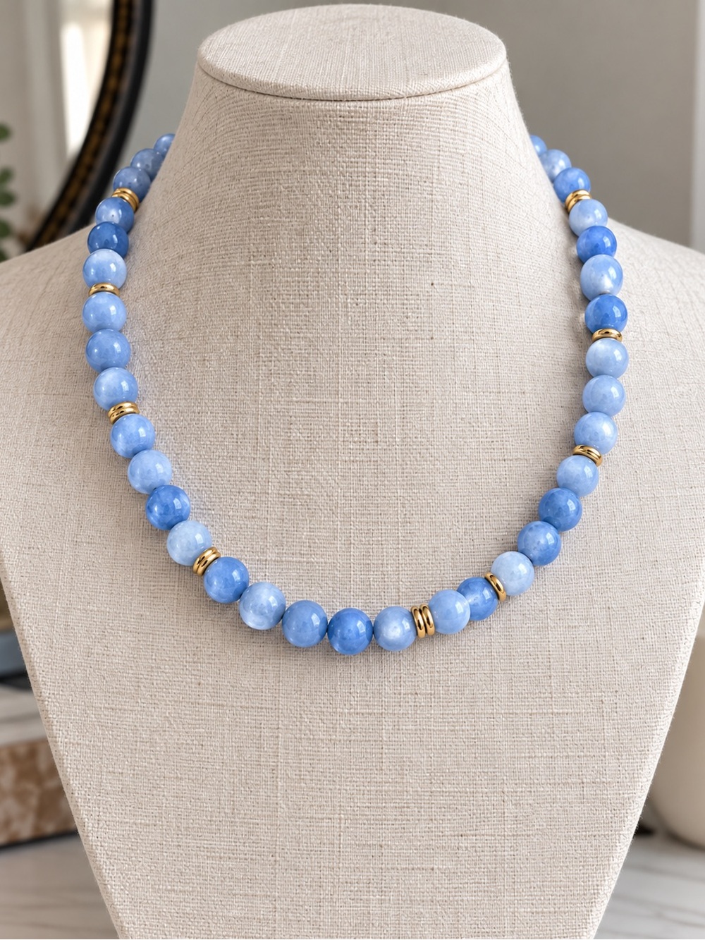 New mayamar blue genuine aquamarine beaded necklace with 24kt gold plating